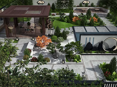 Serene Chinese Style Garden Landscape with Wooden Pavilion Tables Chairs Colorful Plants and Paved Walkways 3d model
