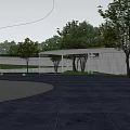 Modern Sales Office Building With Unique Curved Roof White Columns Green Trees And Lawn Area