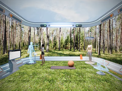 Elegant Modern Entertainment Room Interior Design With Grass Floor Forest View Screen And Exercise Ball 3d model