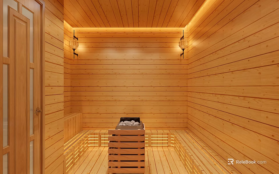 Cozy SPA Sauna Interior With Wooden Walls Stove Stones And Warm Lighting 3d model 