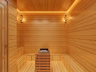 Cozy SPA Sauna Interior With Wooden Walls Stove Stones And Warm Lighting 3d model