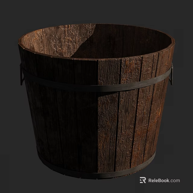 Rustic Wooden Garden Decor Bucket With Metal Hoops And Natural Texture 3d model 
