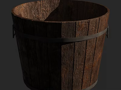 Rustic Wooden Garden Decor Bucket With Metal Hoops And Natural Texture 3d model