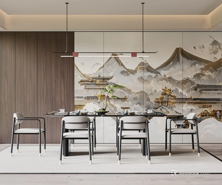 Elegant Modern Traditional Chinese Dining Table Set with Four Chairs Pendant Lights and Landscape Painting 3d model 