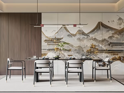 Elegant Modern Traditional Chinese Dining Table Set with Four Chairs Pendant Lights and Landscape Painting 3d model