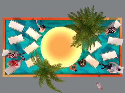 Outdoor Pool Area With Lounge Chairs Palm Trees And People Relaxing 3d model