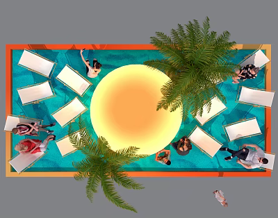 Outdoor Pool Area With Lounge Chairs Palm Trees And People Relaxing 3d model
