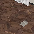 Dark Brown Herringbone Pattern Wooden Floor with Natural Light and Books on Floor