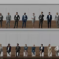 Business Professionals Standing and Sitting in Modern Indoor Space with Wooden Panels and Lighting