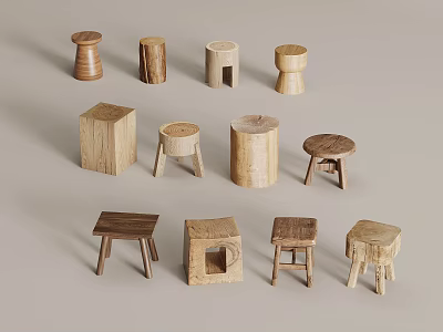 Various Wooden Stools With Different Shapes And Styles For Home Decor 3d model
