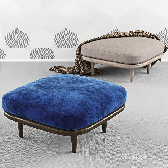 Blue And Beige Upholstered Stools With Wooden Legs And Blanket In Modern Room 3d model 