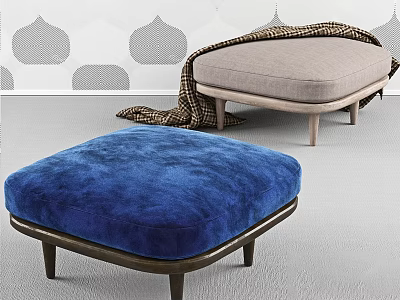 Blue And Beige Upholstered Stools With Wooden Legs And Blanket In Modern Room 3d model