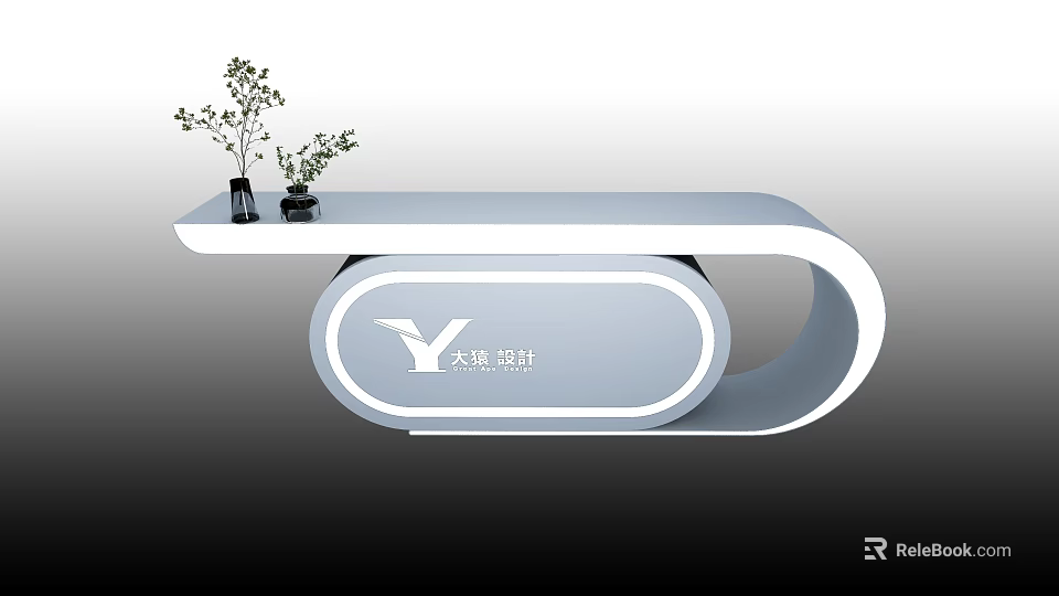 Modern Stylish Reception Counter With Curved White Design Vases And Y Logo 3d model 