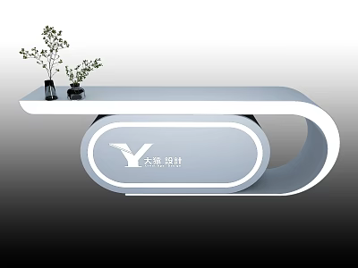 Modern Stylish Reception Counter With Curved White Design Vases And Y Logo 3d model