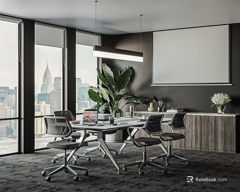 Modern Conference Room With Large Windows City View Projection Screen And Green Plants 3d model 
