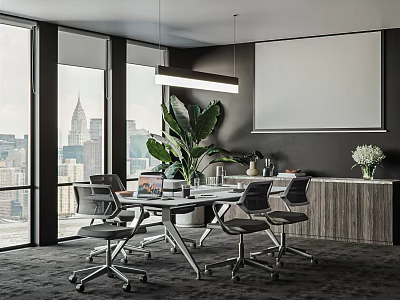 Modern Conference Room With Large Windows City View Projection Screen And Green Plants 3d model