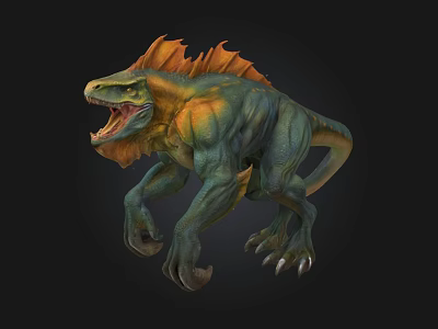 Fierce Fantasy Dinosaur 3D Model With Green Body Orange Frill Open Mouth 3d model