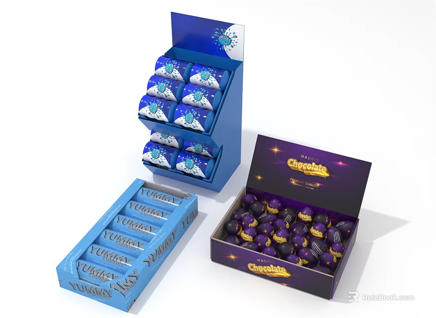 Chocolatier Chocolate Display Stand With Blue Packaging And Open Purple Box Of Chocolate Balls 3d model 