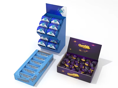 Chocolatier Chocolate Display Stand With Blue Packaging And Open Purple Box Of Chocolate Balls 3d model