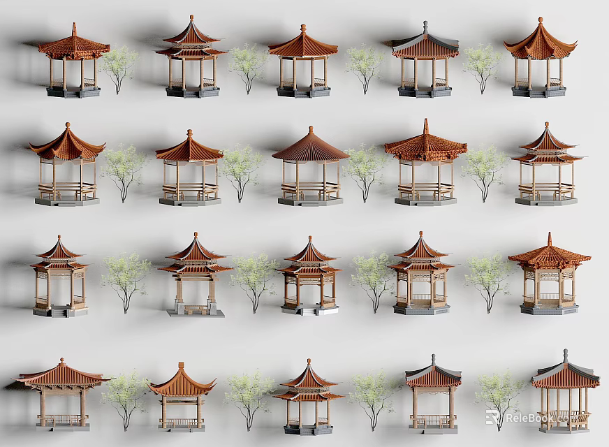 Traditional Garden Pavilions With Red Roofs Wooden Structures And Surrounding Small Trees 3d model 