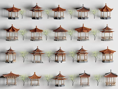 Traditional Garden Pavilions With Red Roofs Wooden Structures And Surrounding Small Trees 3d model