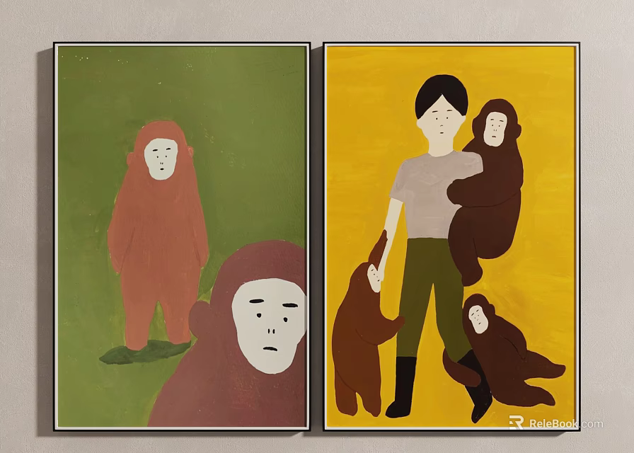 Two Panel Artwork With Green Yellow Backgrounds Orangutans And Human Figure 3d model