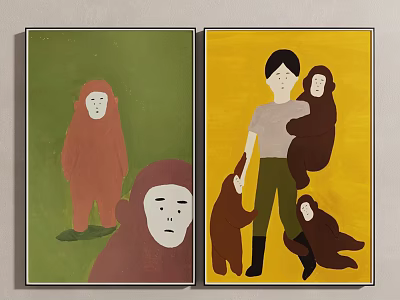 Two Panel Artwork With Green Yellow Backgrounds Orangutans And Human Figure 3d model