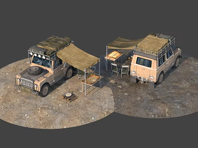 Off Road Vehicles With Roof Tents Folding Table Chairs And Camping Gear On Desert Terrain 3d model