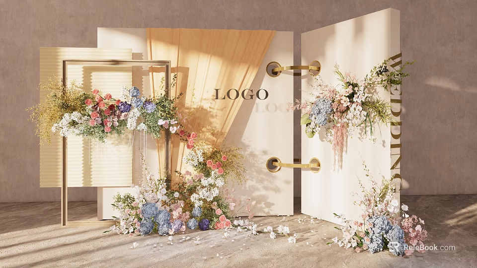 Wedding Backdrop With Double Doors Floral Decor Gold Handles Logo And Scattered Petals 3d model 