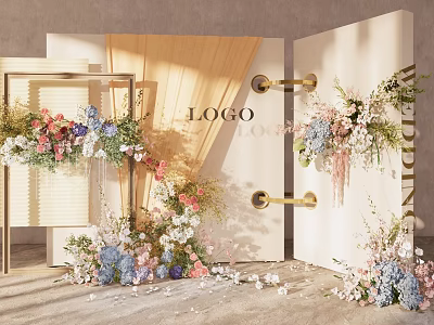 Wedding Backdrop With Double Doors Floral Decor Gold Handles Logo And Scattered Petals 3d model