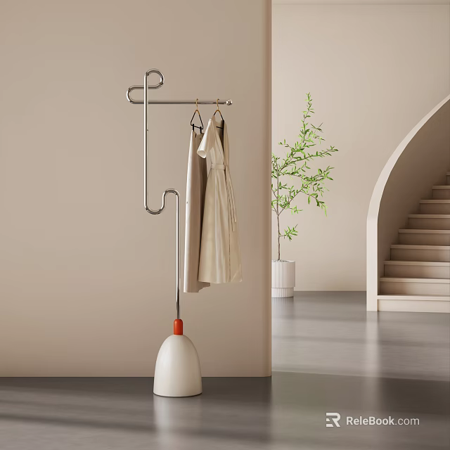 Modern Minimalist Floor Standing Clothes Hanger With Hanging Garment And Green Plant Indoor 3d model 