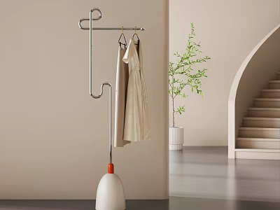 Modern Minimalist Floor Standing Clothes Hanger With Hanging Garment And Green Plant Indoor 3d model