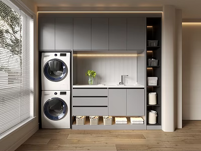 Modern Laundry Room Interior With Stacked Washing Machine And Dryer Gray Cabinets Sink Vase Flowers 3d model