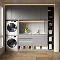 Modern Laundry Room Interior With Stacked Washing Machine And Dryer Gray Cabinets Sink Vase Flowers