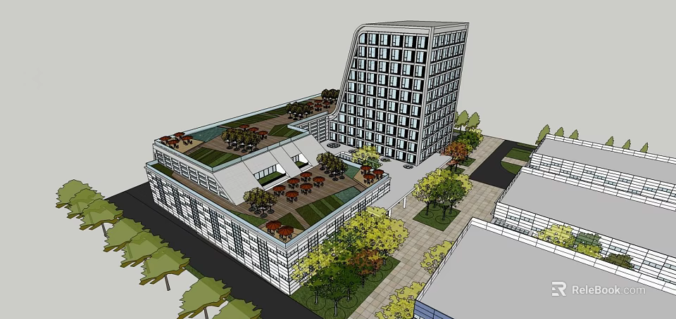 Modern Multi Storey Office Building With Green Roof Glass Facade And Trees 3d model 