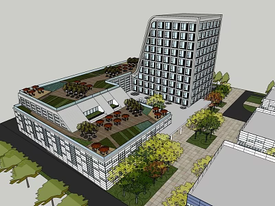 Modern Multi Storey Office Building With Green Roof Glass Facade And Trees 3d model