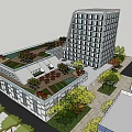 Modern Multi Storey Office Building With Green Roof Glass Facade And Trees