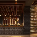 Traditional Chinese Restaurant Interior With Wooden Slat Ceiling Wine Rack Wall And Stone Elements