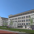 Modern School Building With White Grey Exterior Large Windows And Green Campus With Running Track