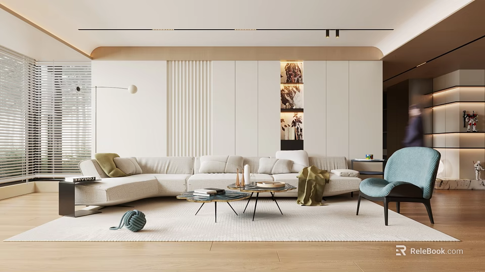 Modern Living Room With Curved Sofa Blue Accent Chair And Coffee Table 3d model 