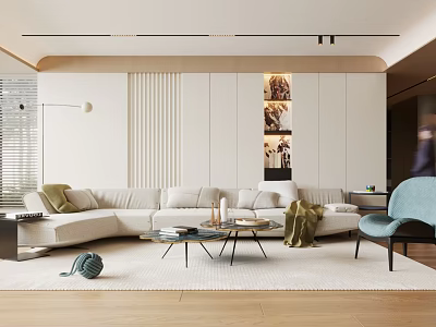 Modern Living Room With Curved Sofa Blue Accent Chair And Coffee Table 3d model