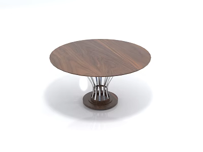 Modern Round Coffee Table With Walnut Wooden Top And Metal Base Design 3d model