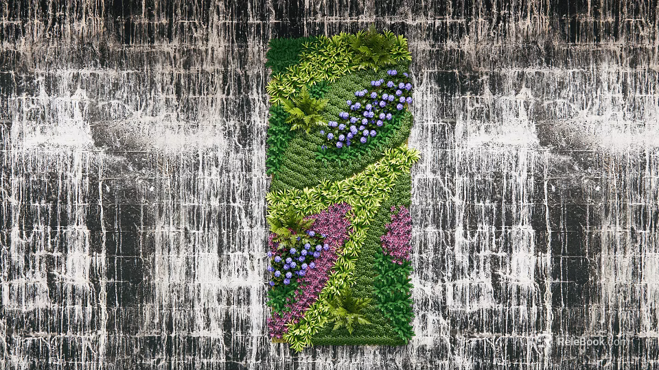 Lush Green Plant Wall With Various Green Plants And Purple Flowers Against Textured Wall 3d model 
