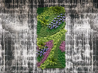 Lush Green Plant Wall With Various Green Plants And Purple Flowers Against Textured Wall 3d model