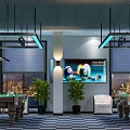 Modern Billiard Room Interior With Multiple Pool Tables And City Night View Lighting