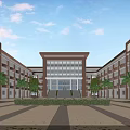 Red Brick School Building With Symmetrical Structure Large Glass Windows Plaza And Palm Trees