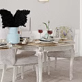 Elegant White Dining Table Set With Floral Chairs Hanging Lamp And Vase On Wainscoting Wall