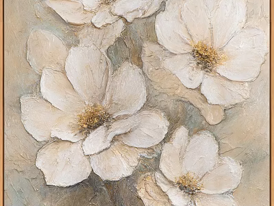 Textured Oil Painting of White Flowers with Soft Beige Background and Golden Centers 3d model