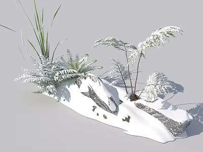 Lush Natural Snow Covered Rock with Diverse Ferns and Herbaceous Plants 3d model