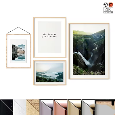 Wooden Photo Frames With Multiple Sizes Displaying Landscape Art And Typography 3d model